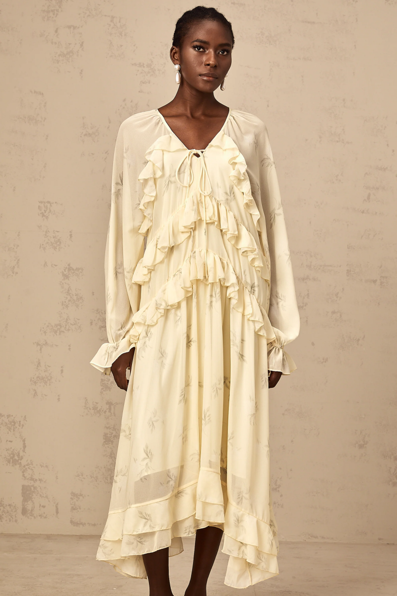 Floral-Print Ruffled Chiffon Midi Dress