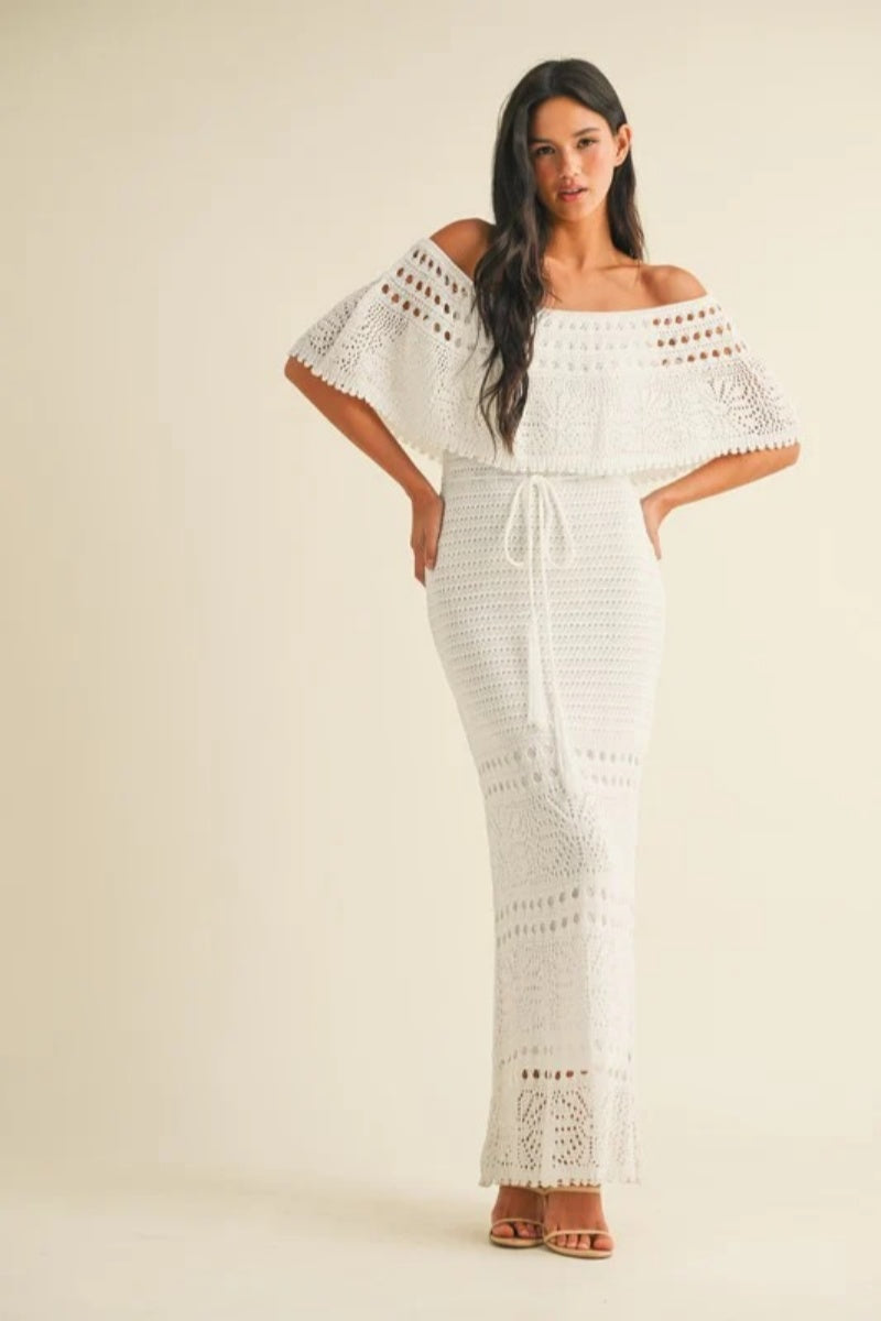 White off the shoulder crochet dress