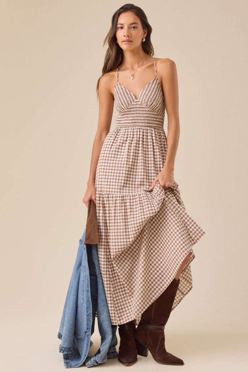 Plaid Pleated Layered Maxi Dress