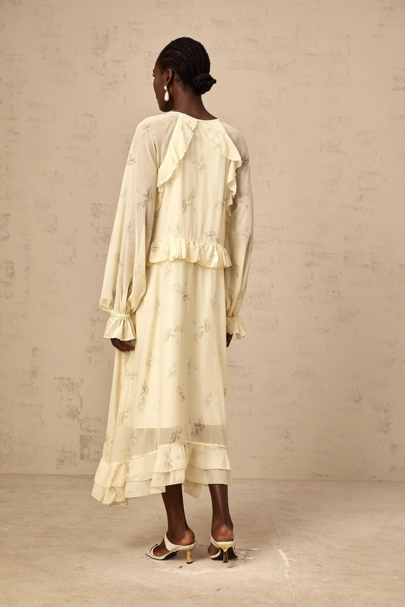 Floral-Print Ruffled Chiffon Midi Dress