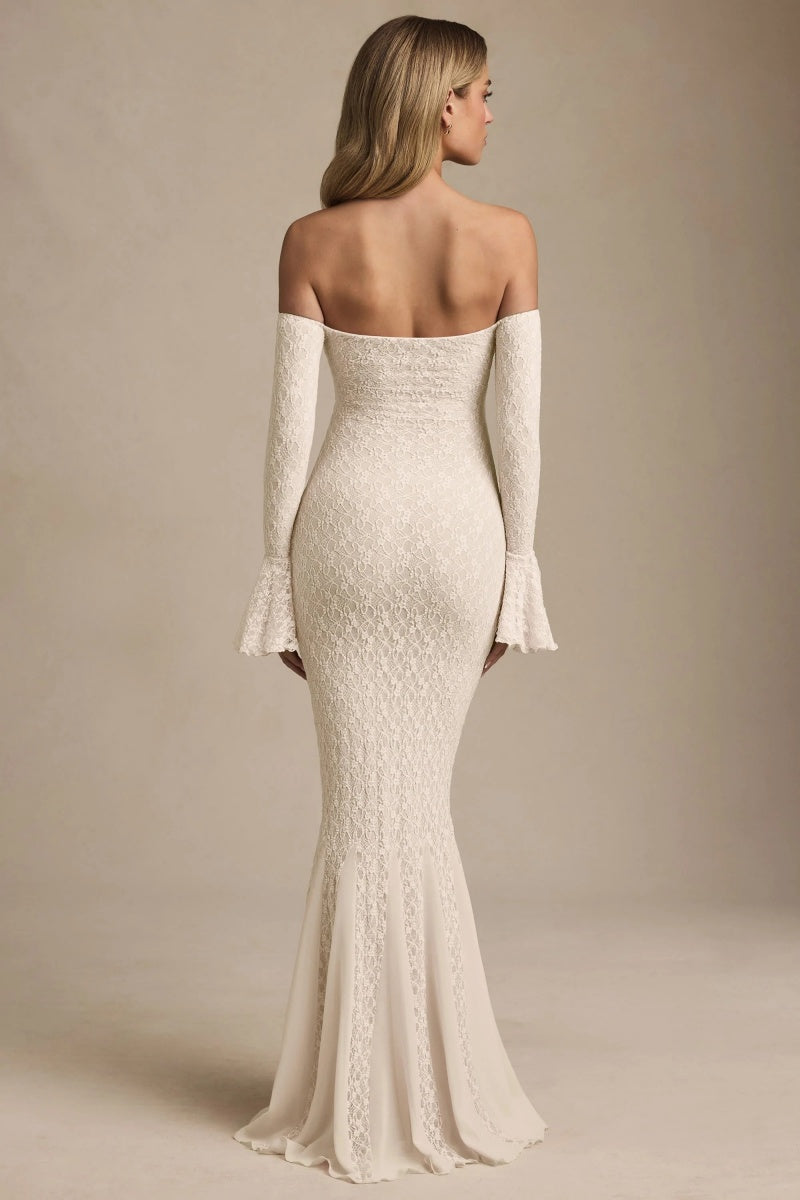 Ivory Ruffled Off-The-Shoulder Lace Maxi Dress
