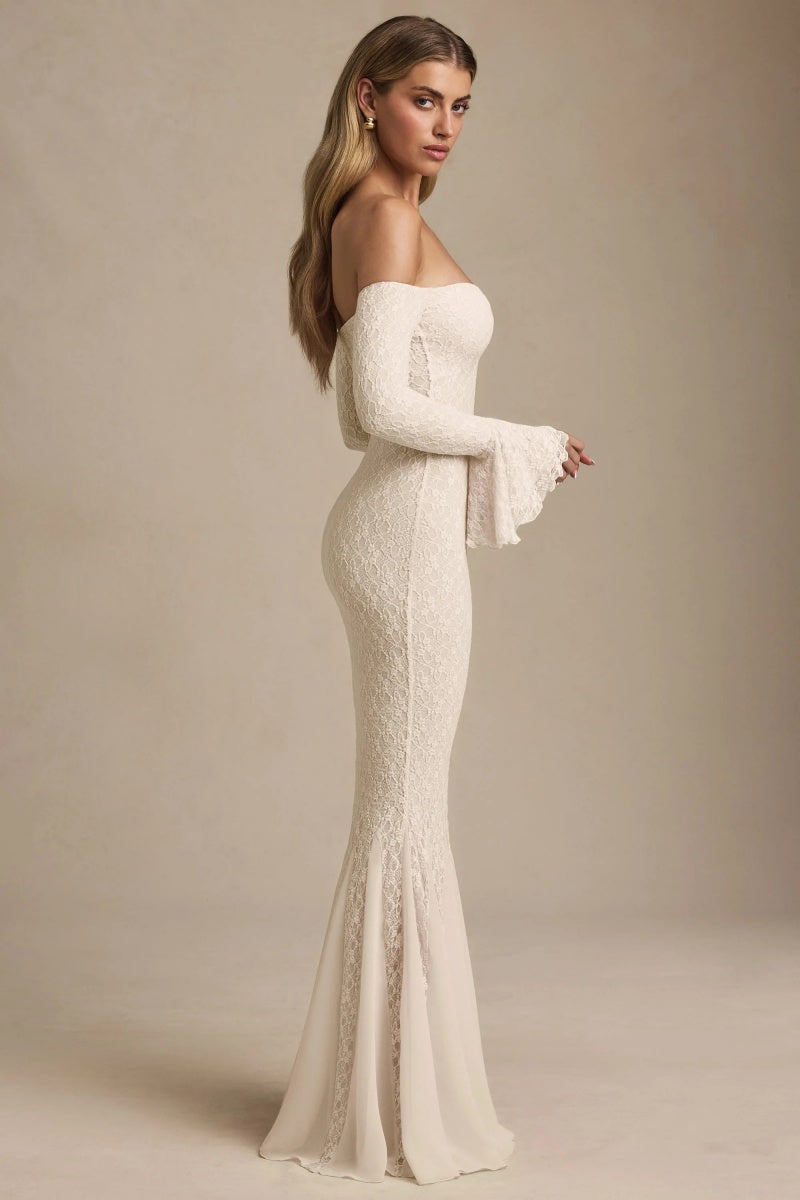 Ivory Ruffled Off-The-Shoulder Lace Maxi Dress