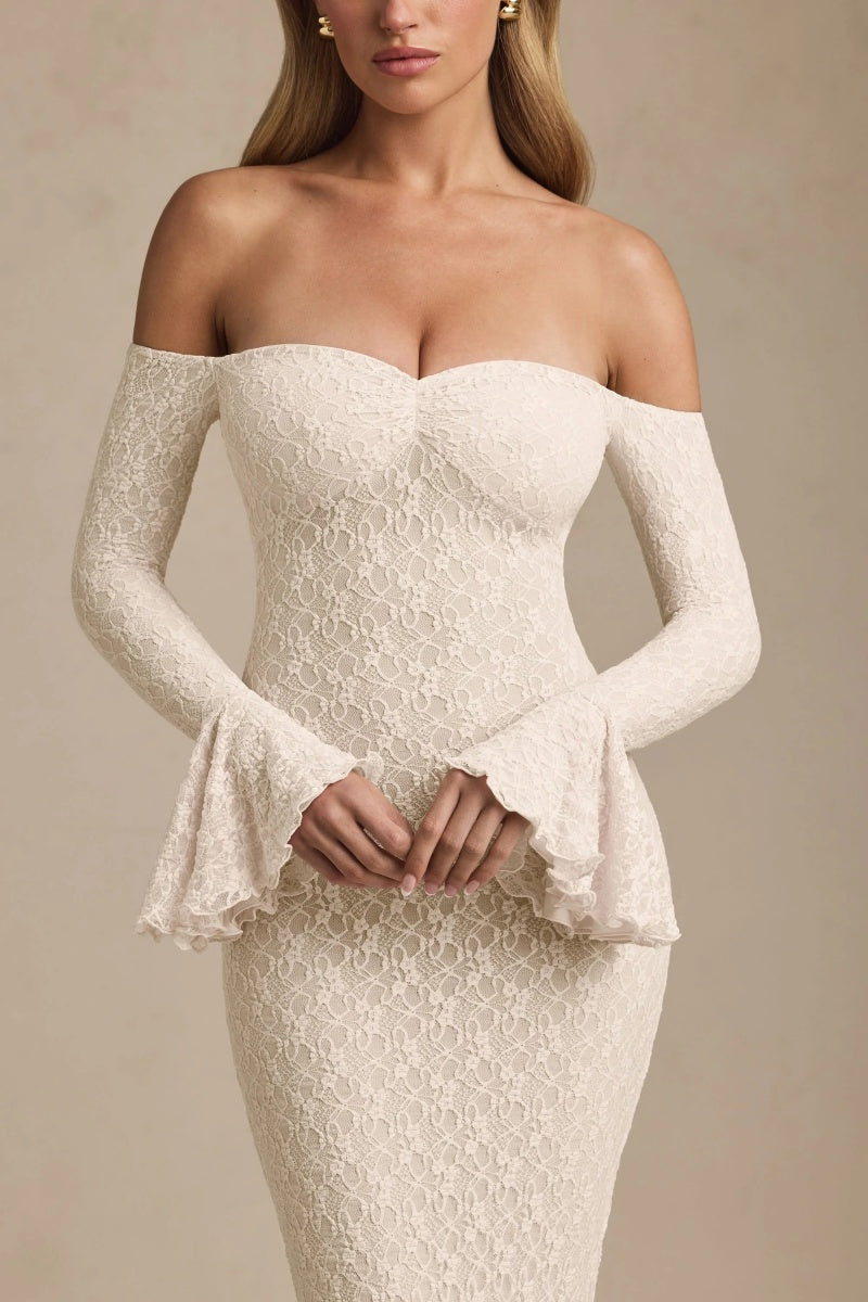 Ivory Ruffled Off-The-Shoulder Lace Maxi Dress