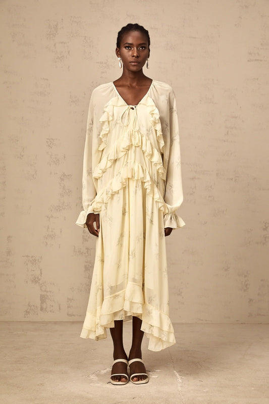 Floral-Print Ruffled Chiffon Midi Dress