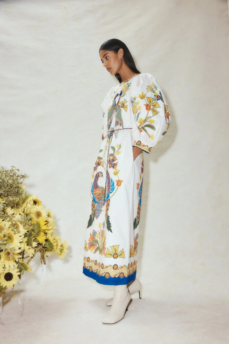 Printed Puff Sleeve Loose Casual Midi Dress