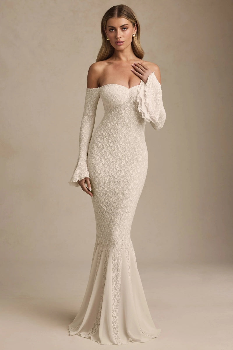 Ivory Ruffled Off-The-Shoulder Lace Maxi Dress