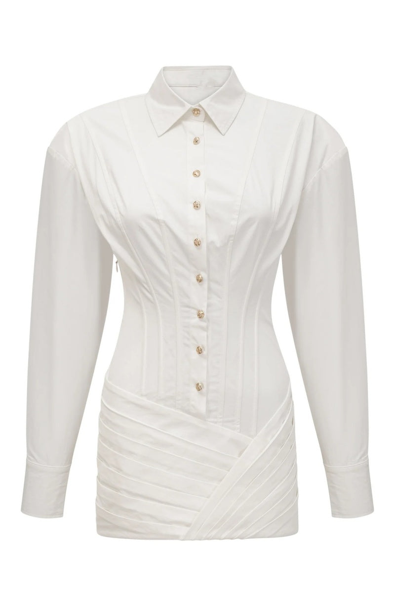 White Cinched-Waist Pleated Mini Shirt Dress