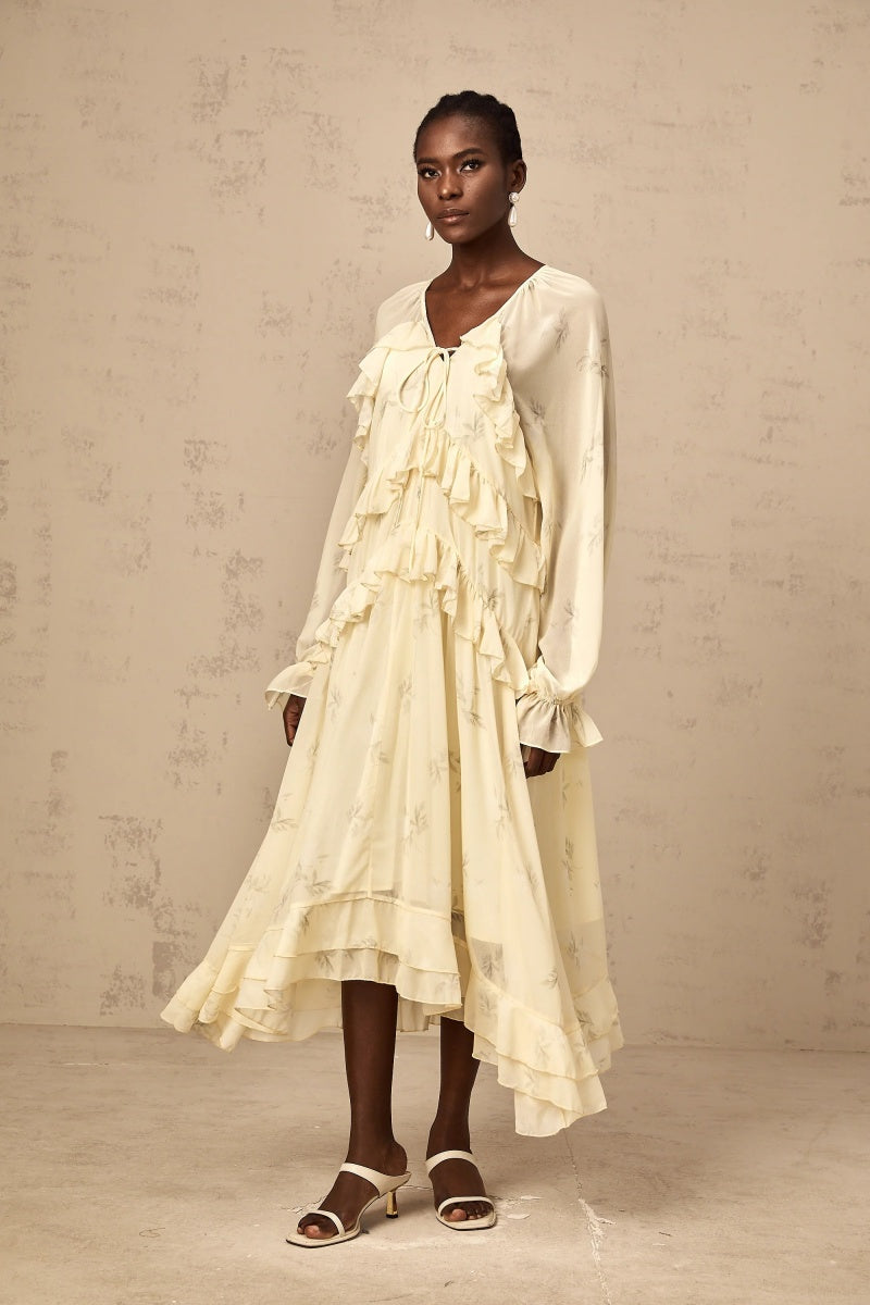 Floral-Print Ruffled Chiffon Midi Dress