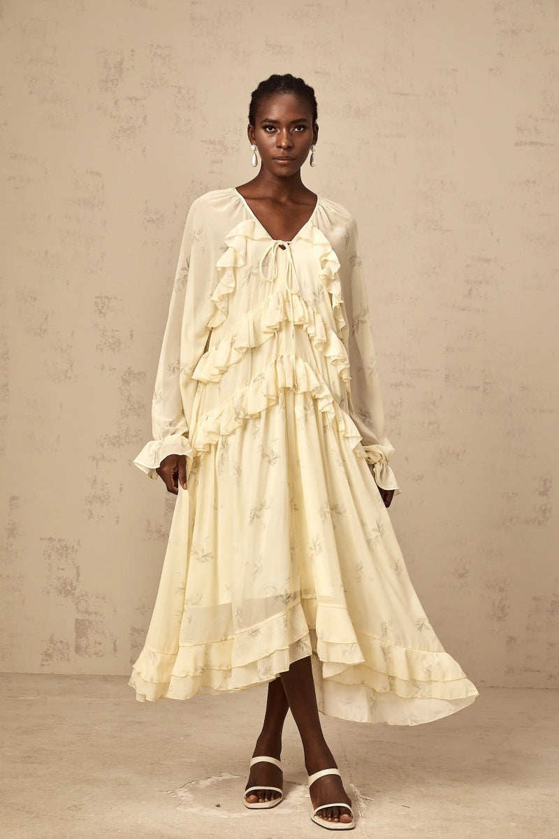 Floral-Print Ruffled Chiffon Midi Dress