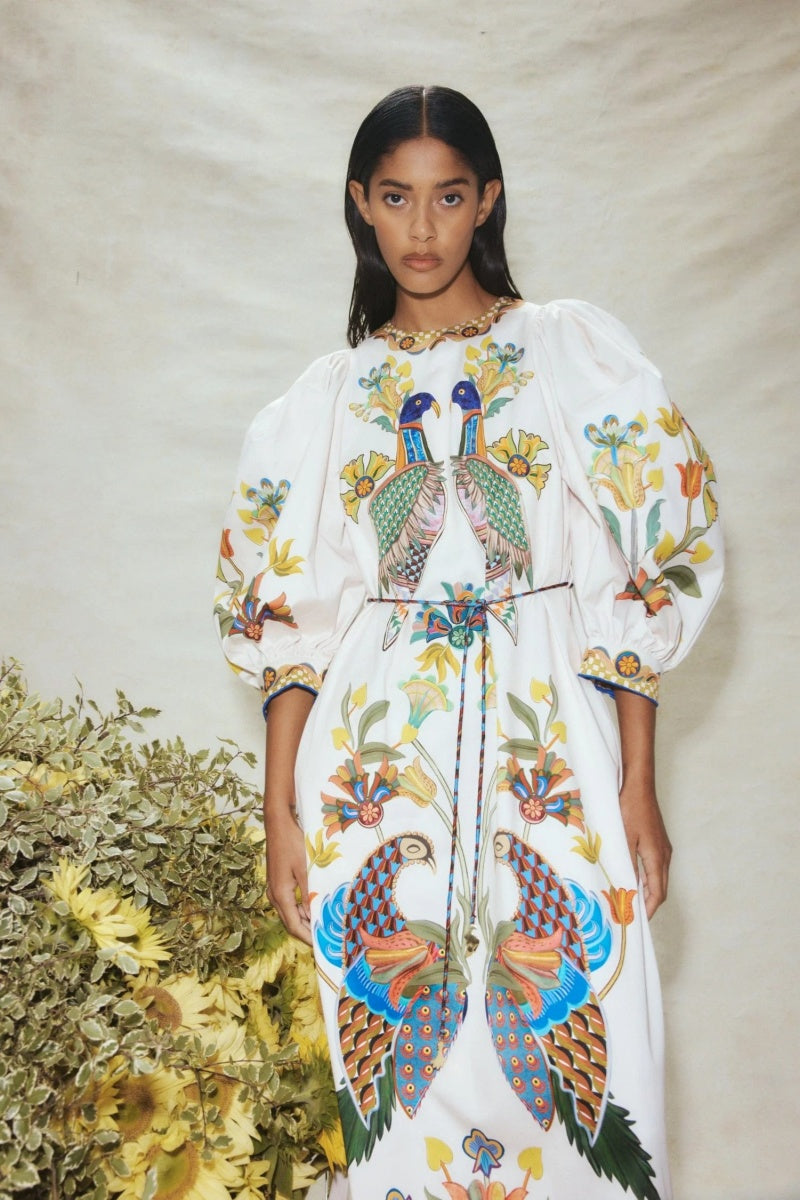 Printed Puff Sleeve Loose Casual Midi Dress