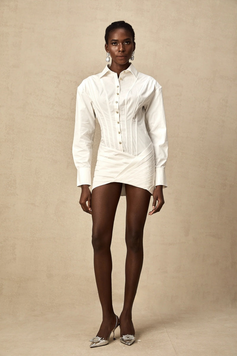 White Cinched-Waist Pleated Mini Shirt Dress