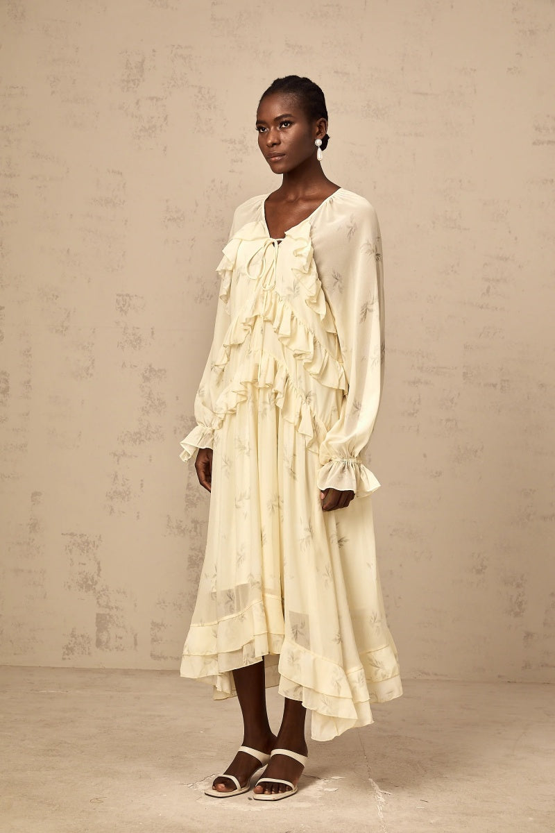 Floral-Print Ruffled Chiffon Midi Dress