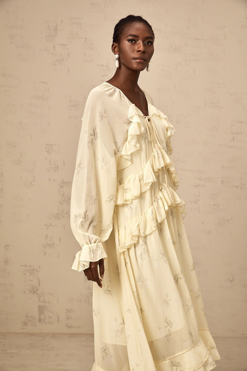 Floral-Print Ruffled Chiffon Midi Dress