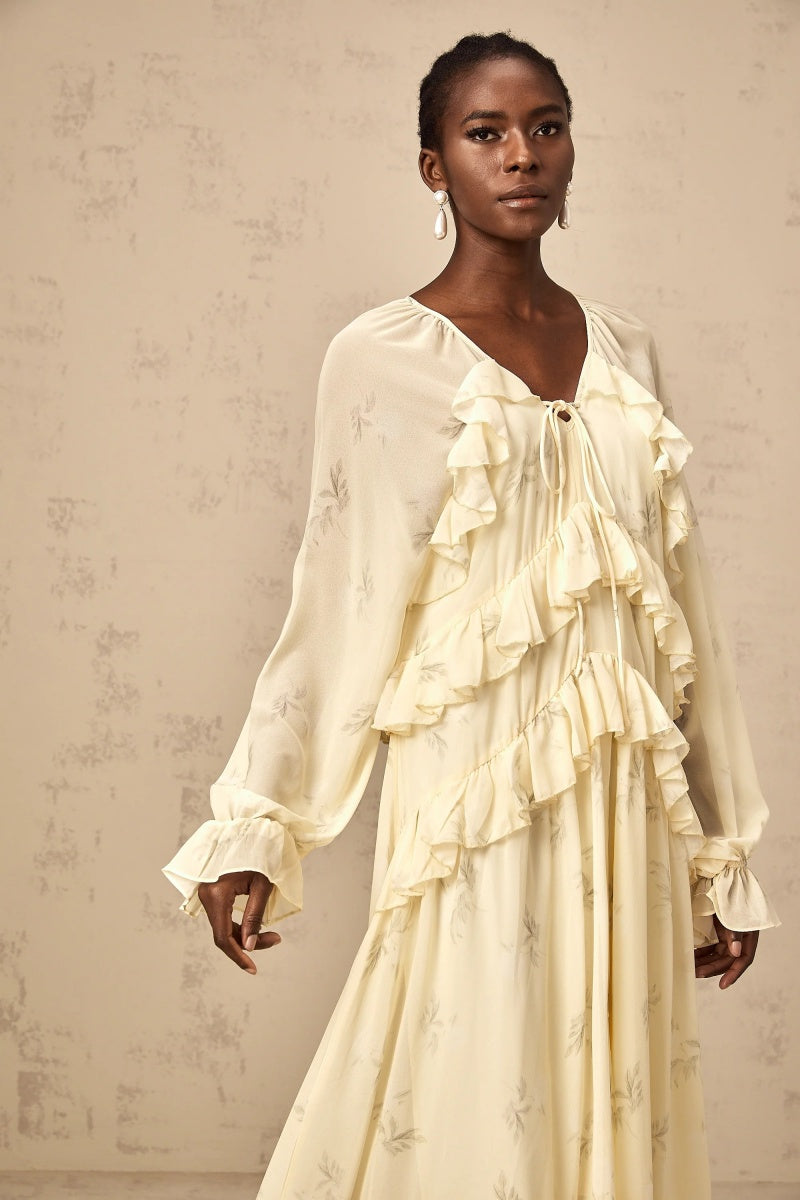 Floral-Print Ruffled Chiffon Midi Dress