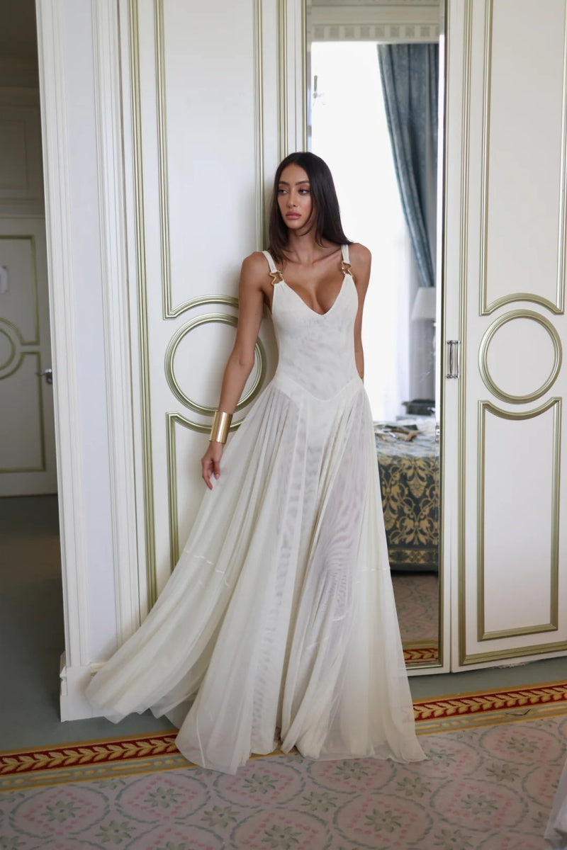 Deep V-Neck Semi-Sheer Mesh Maxi Dress