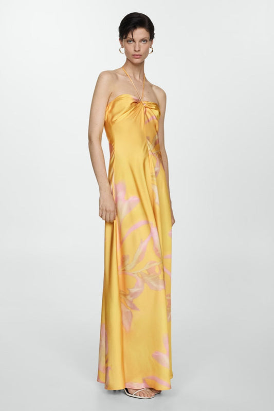 Yellow Printed Satin Maxi Dress