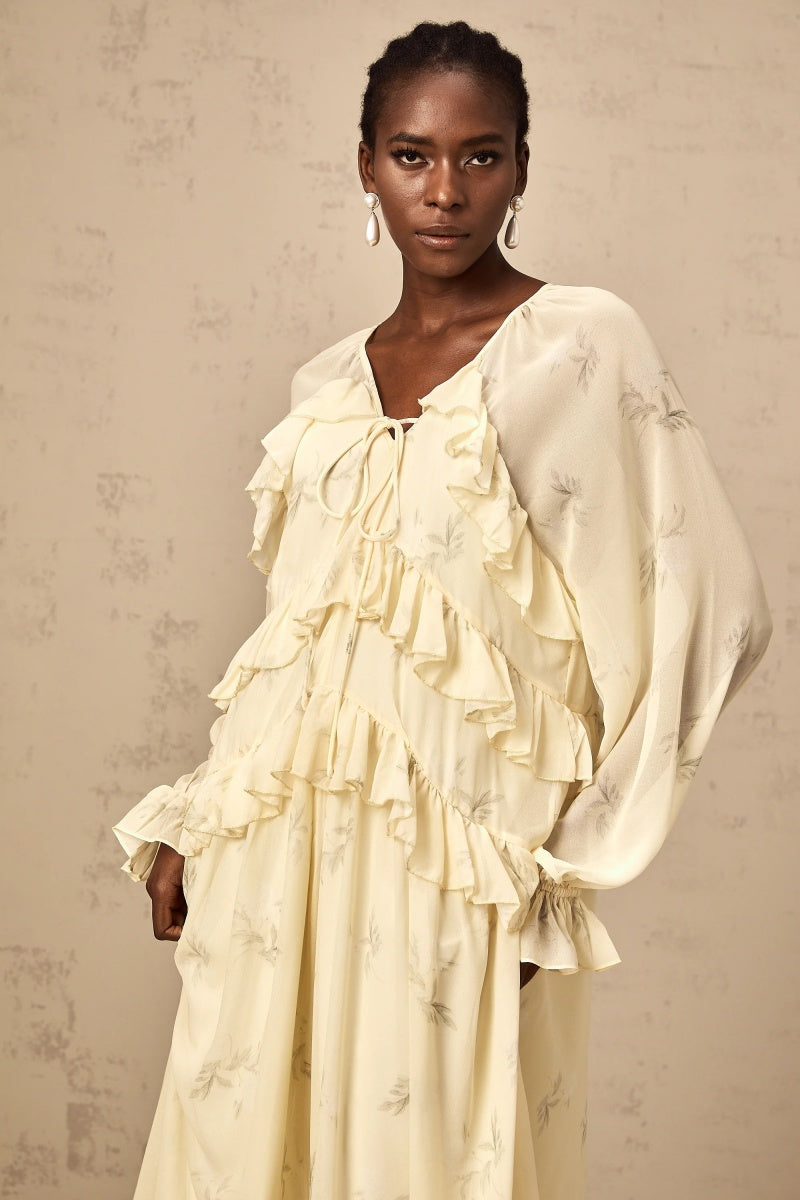 Floral-Print Ruffled Chiffon Midi Dress