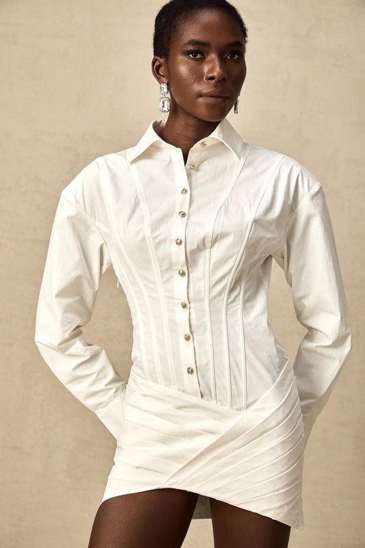 White Cinched-Waist Pleated Mini Shirt Dress