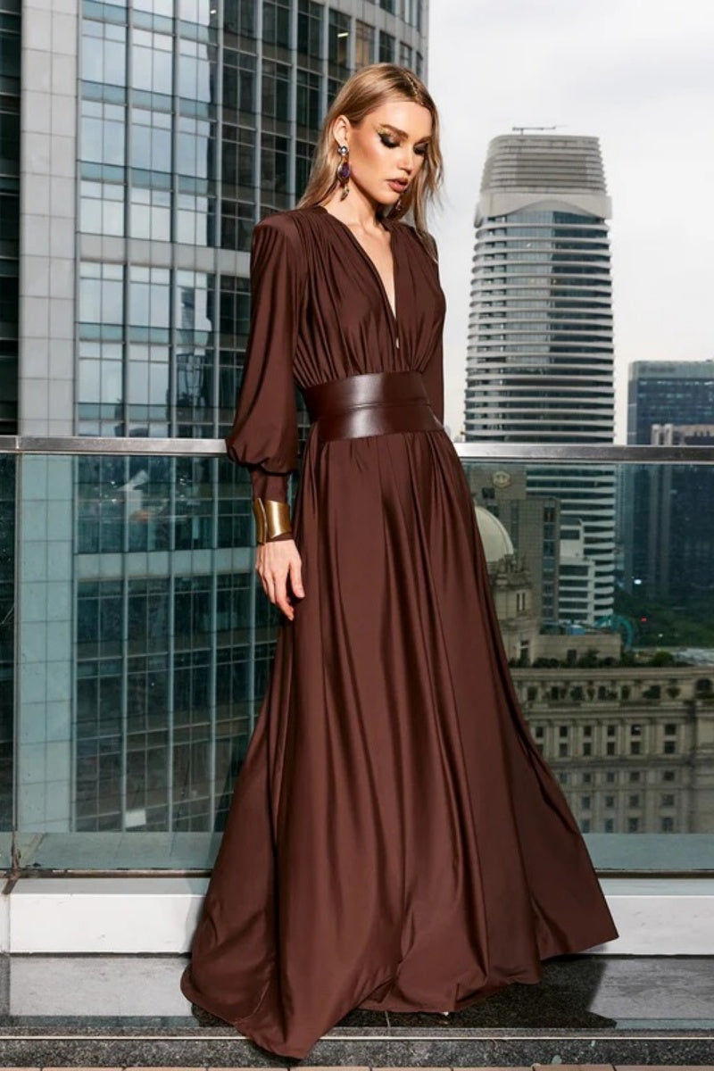 Plunge Long Sleeve Maxi Dress
