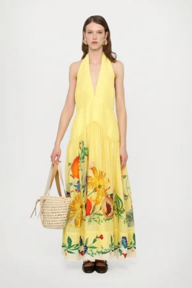 Yellow Printed Halterneck Maxi Dress