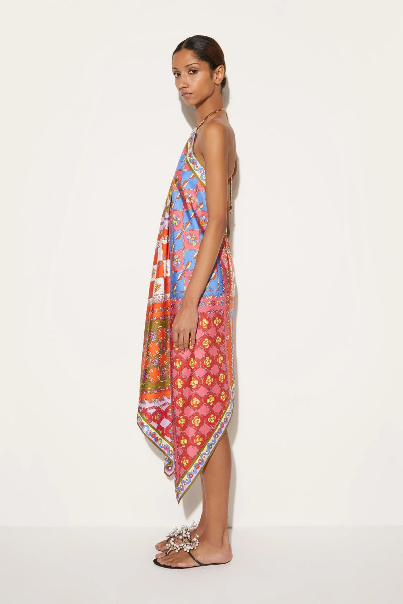 Asymmetric Printed Open-Back Midi Dress