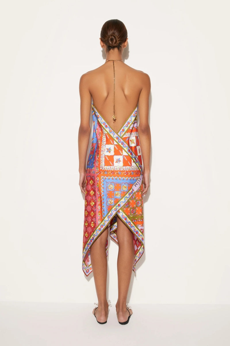 Asymmetric Printed Open-Back Midi Dress