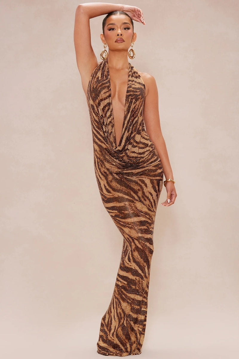 Draped Deep V-Neck Tiger Print Maxi Dress