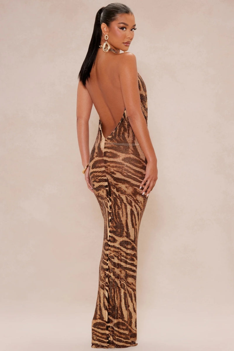 Draped Deep V-Neck Tiger Print Maxi Dress
