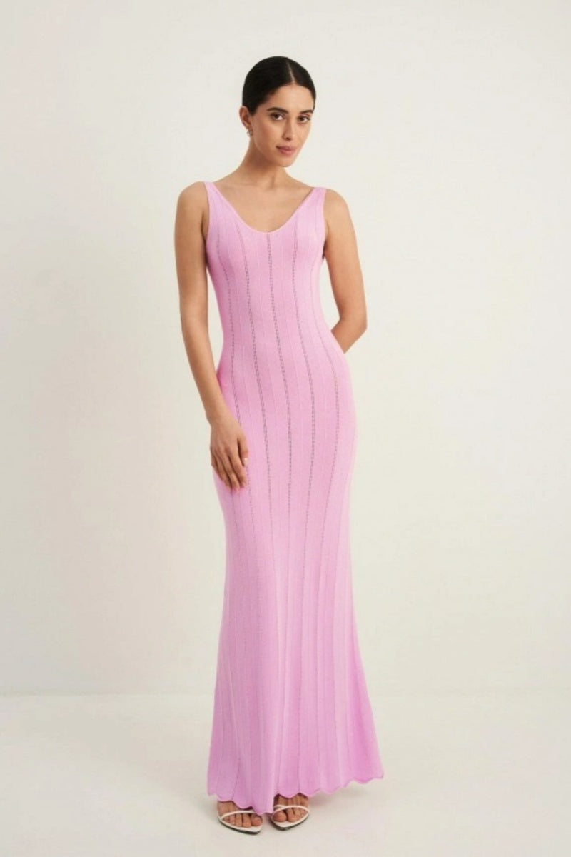 Knit Ribbed Open Back Solid Maxi Dress