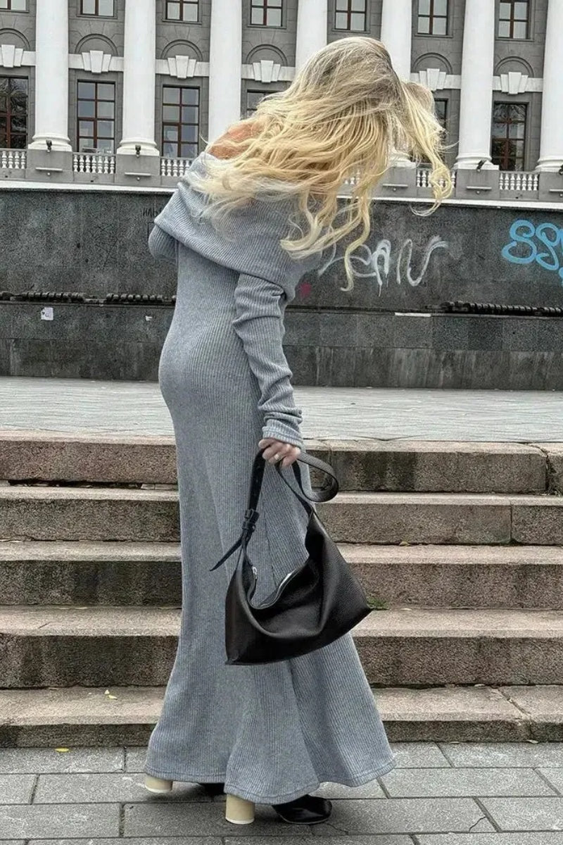 Boat Neck Sweater Knitted Maxi Dress