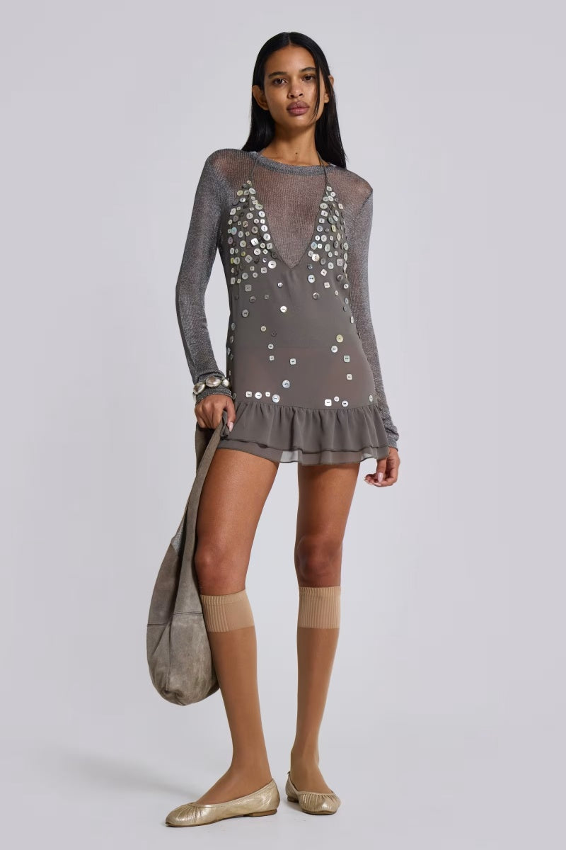 Halter Neck Beaded Sequin Mini Dress