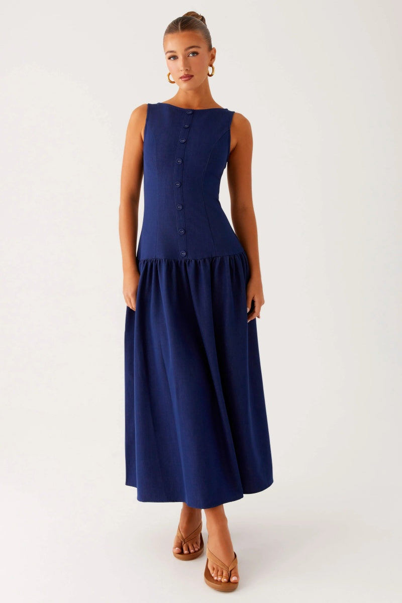 Elegant Denim Midi Dress - Indigo