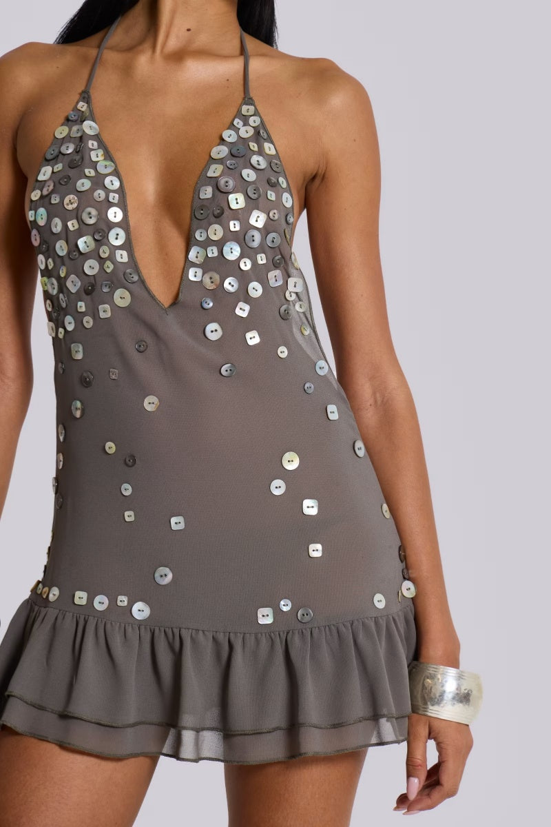 Halter Neck Beaded Sequin Mini Dress