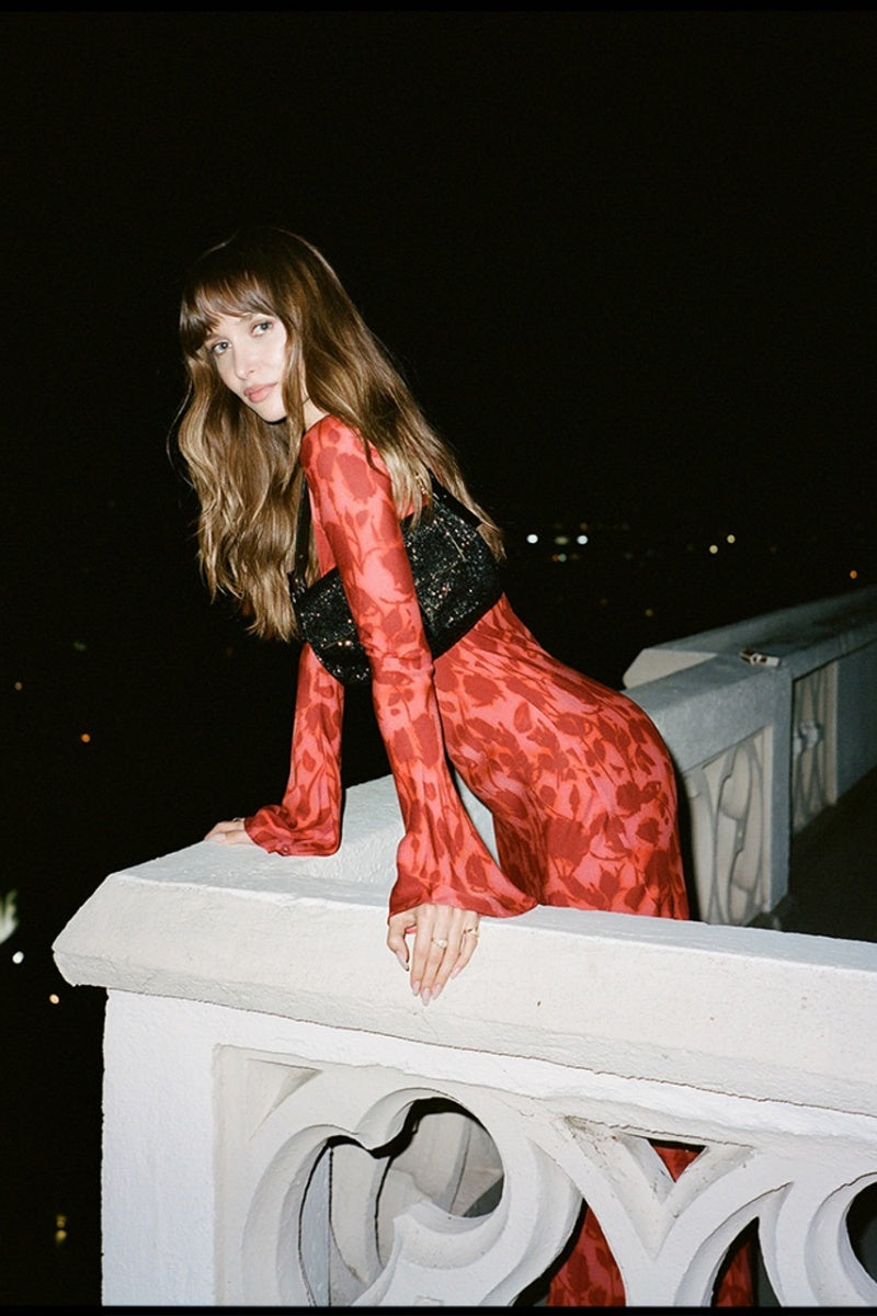 Long Sleeve Rose Printed Maxi Dress