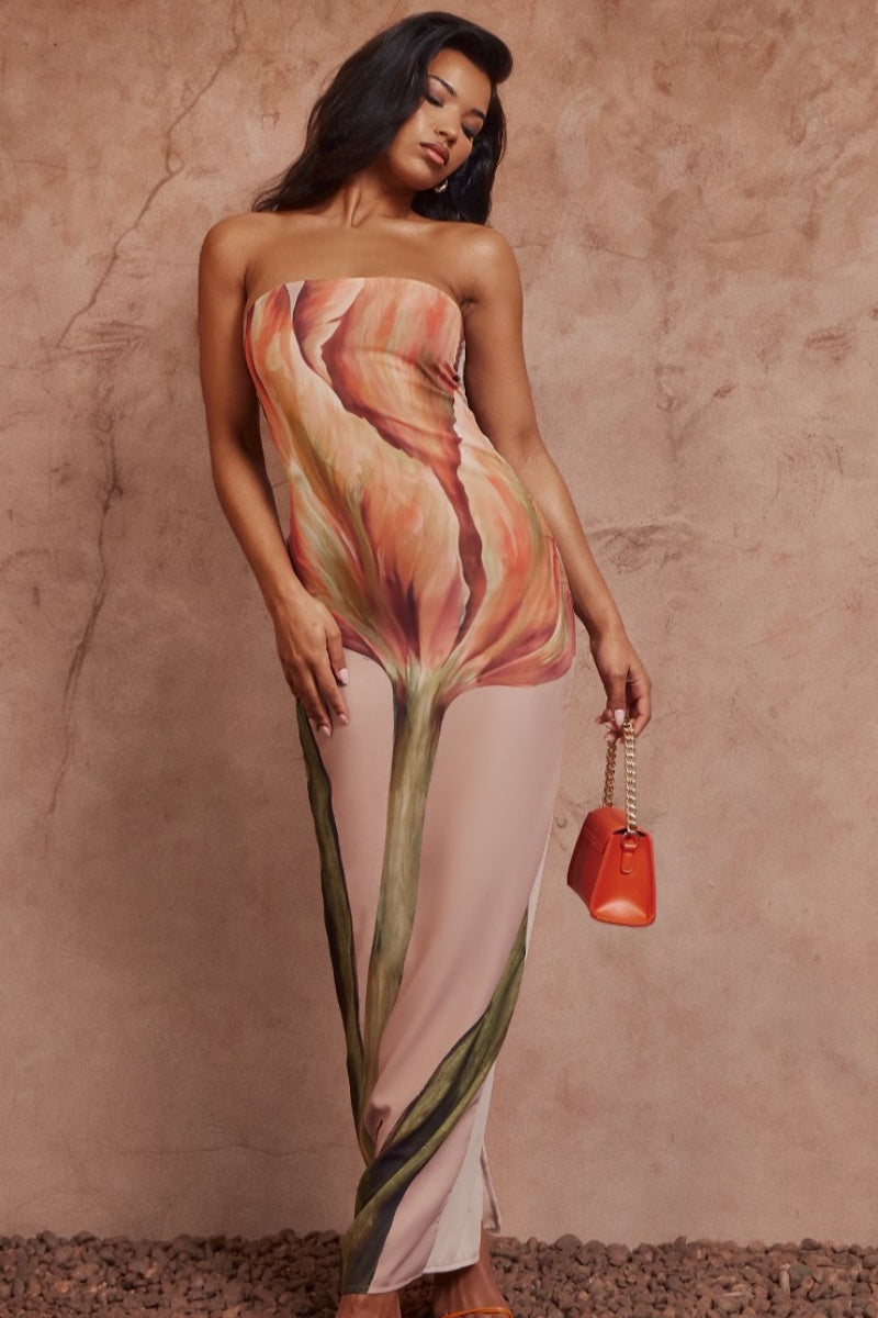 Floral Print Strapless Maxi Dress