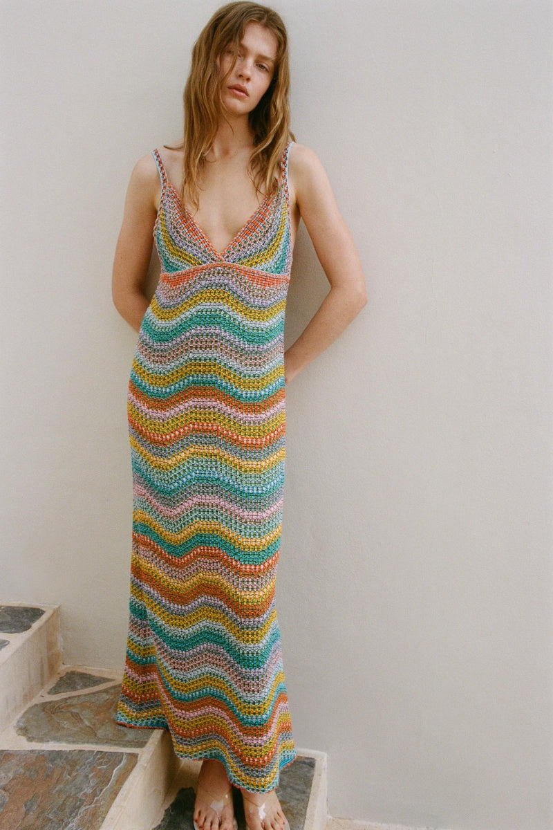 V Neck Rainbow Striped Crochet Knit Maxi Dress