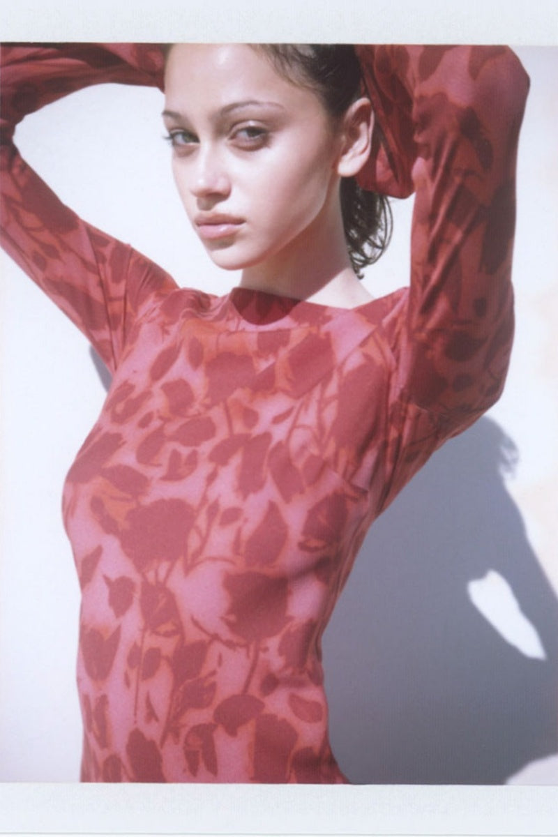 Long Sleeve Rose Printed Maxi Dress