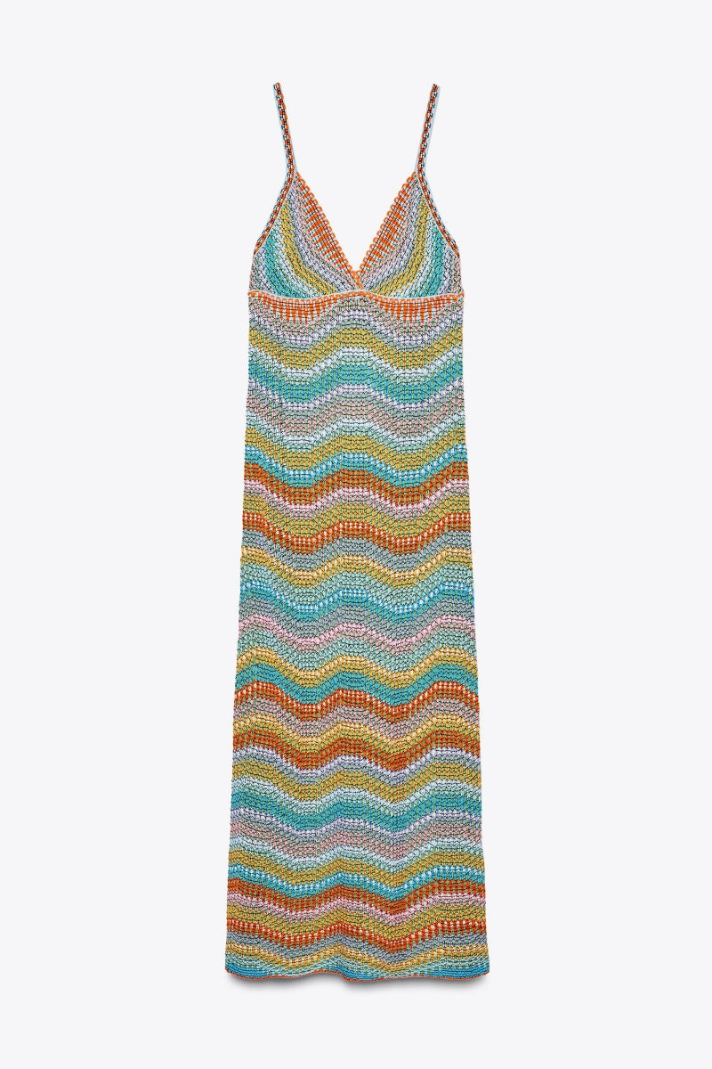 V Neck Rainbow Striped Crochet Knit Maxi Dress