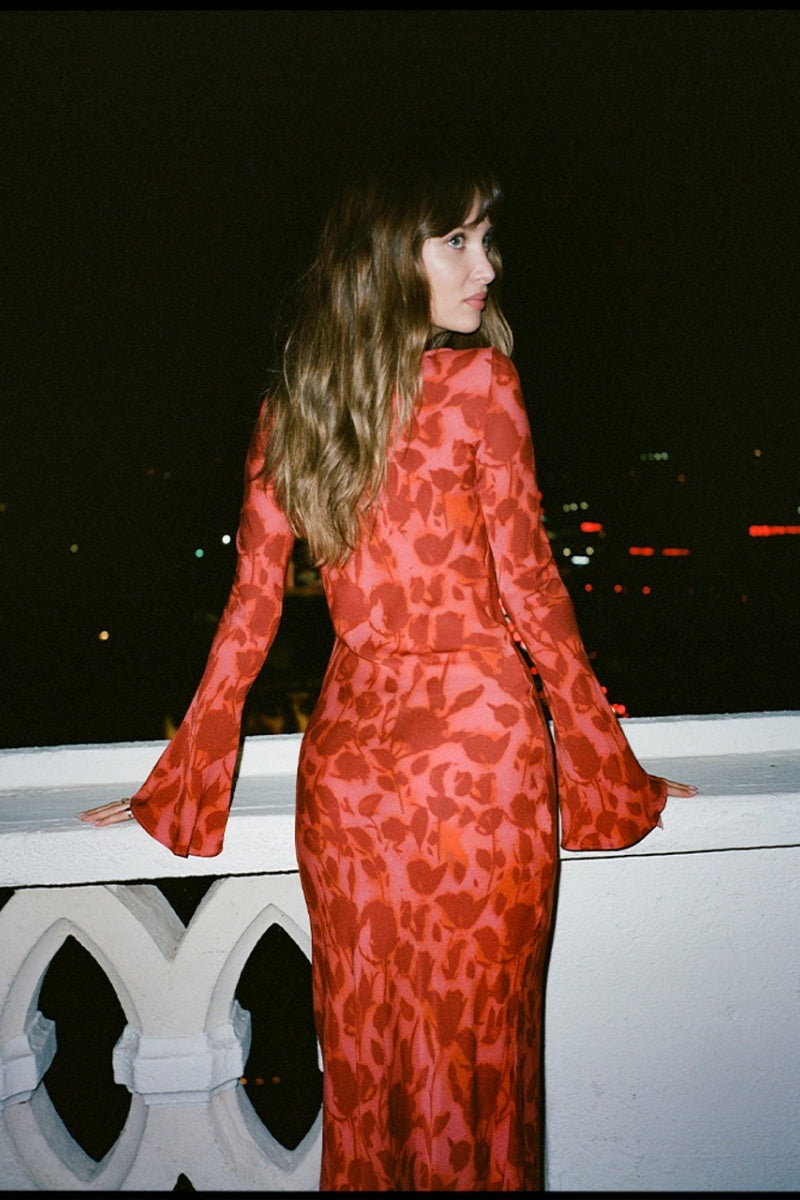 Long Sleeve Rose Printed Maxi Dress