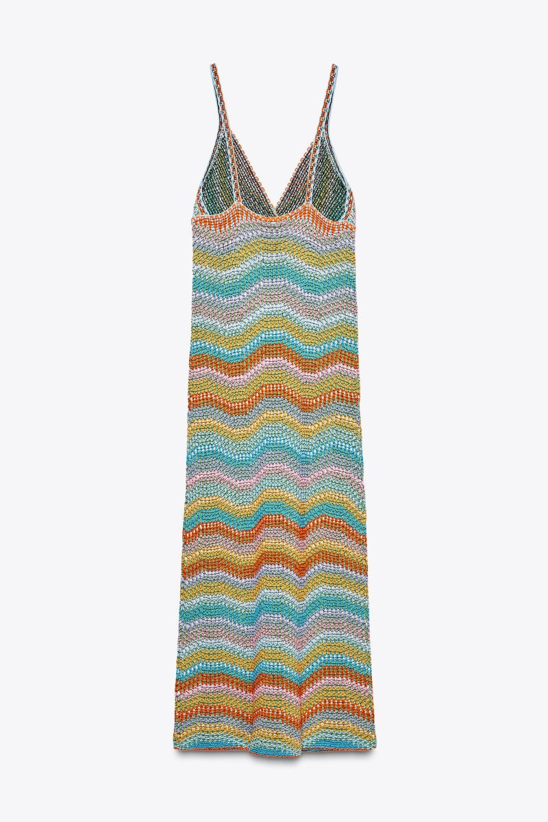 V Neck Rainbow Striped Crochet Knit Maxi Dress