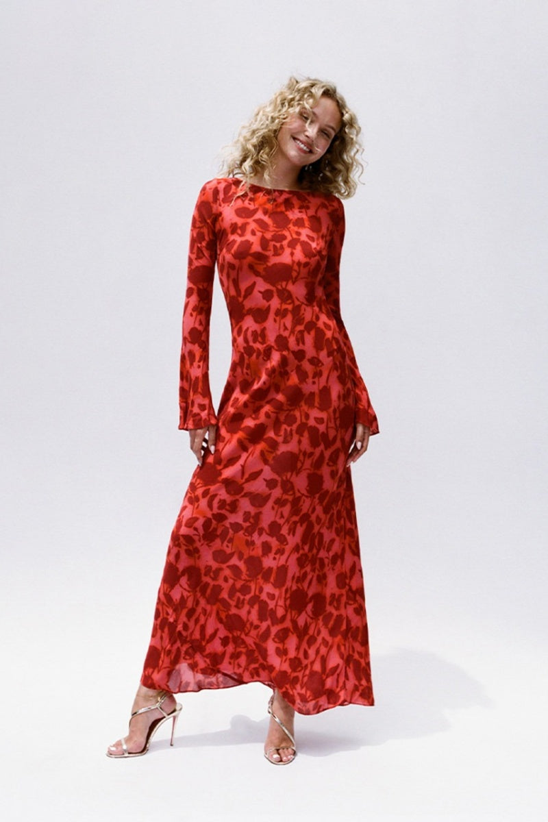 Long Sleeve Rose Printed Maxi Dress