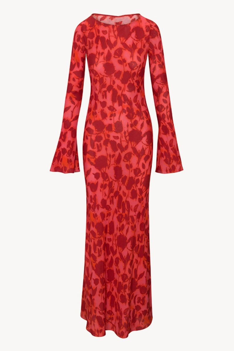 Long Sleeve Rose Printed Maxi Dress