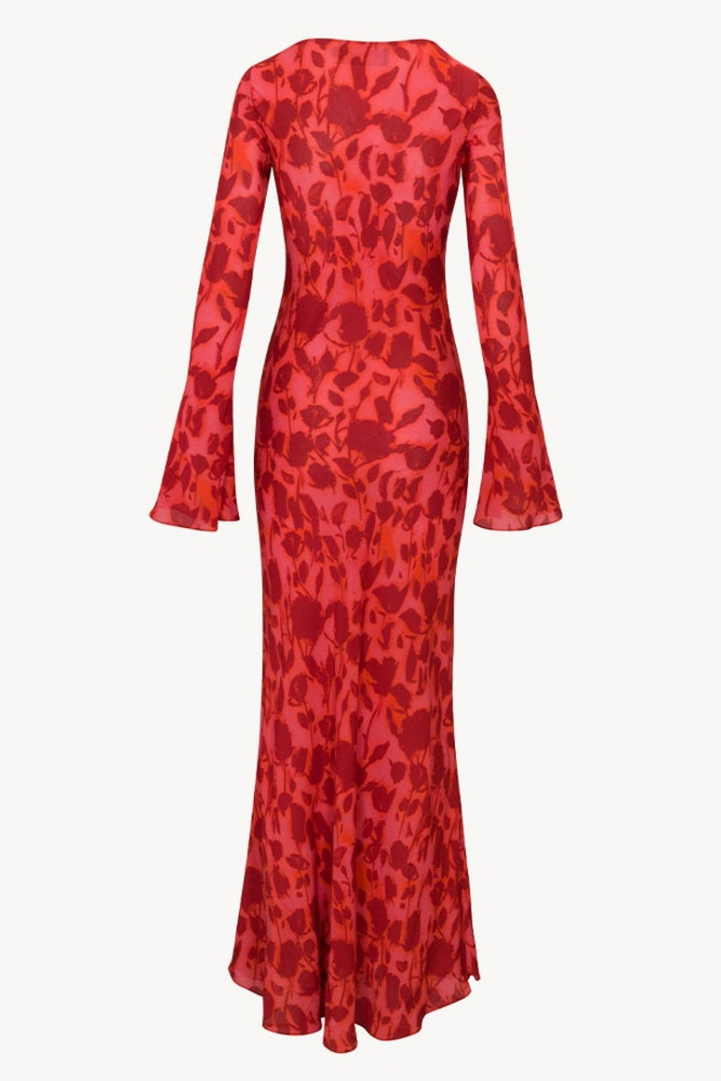 Long Sleeve Rose Printed Maxi Dress