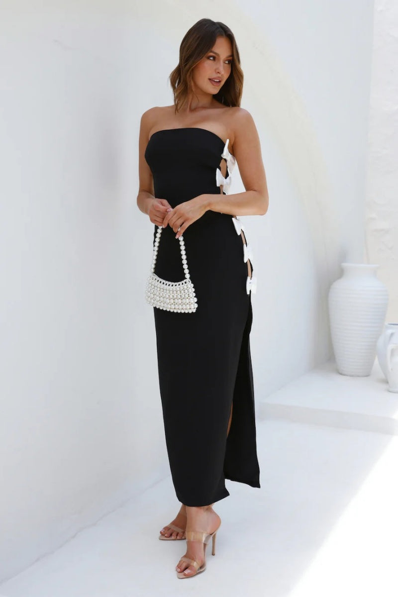 Velvet Bow Detail Maxi Dress in Jet Black