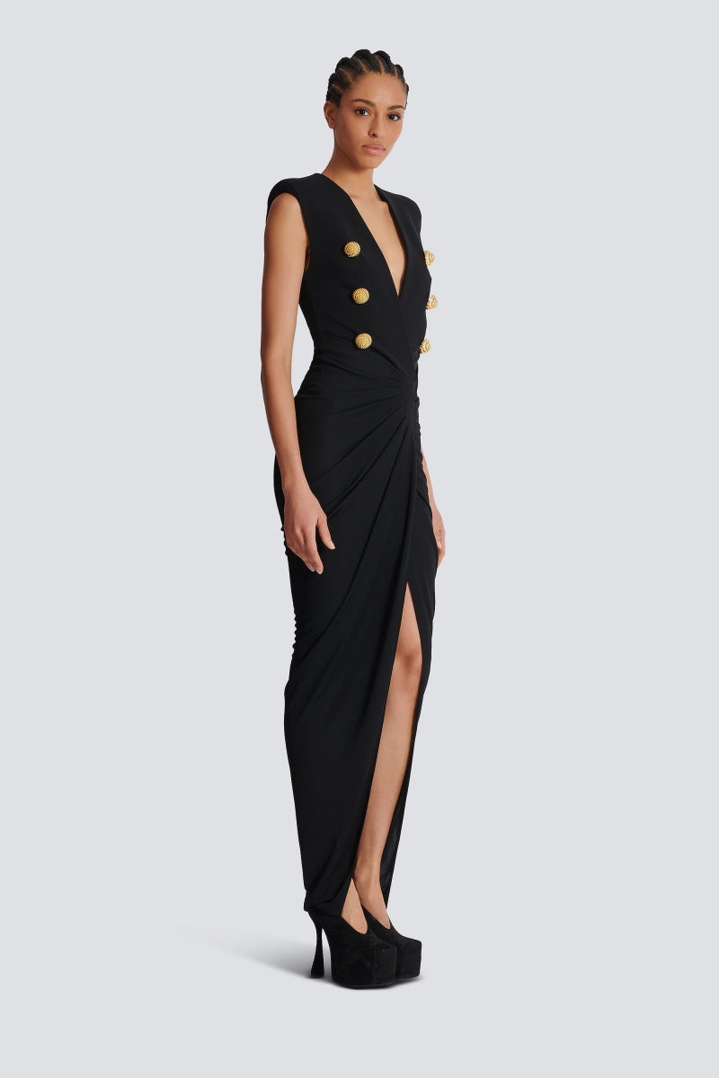 Faux-Button Draped Maxi Dress