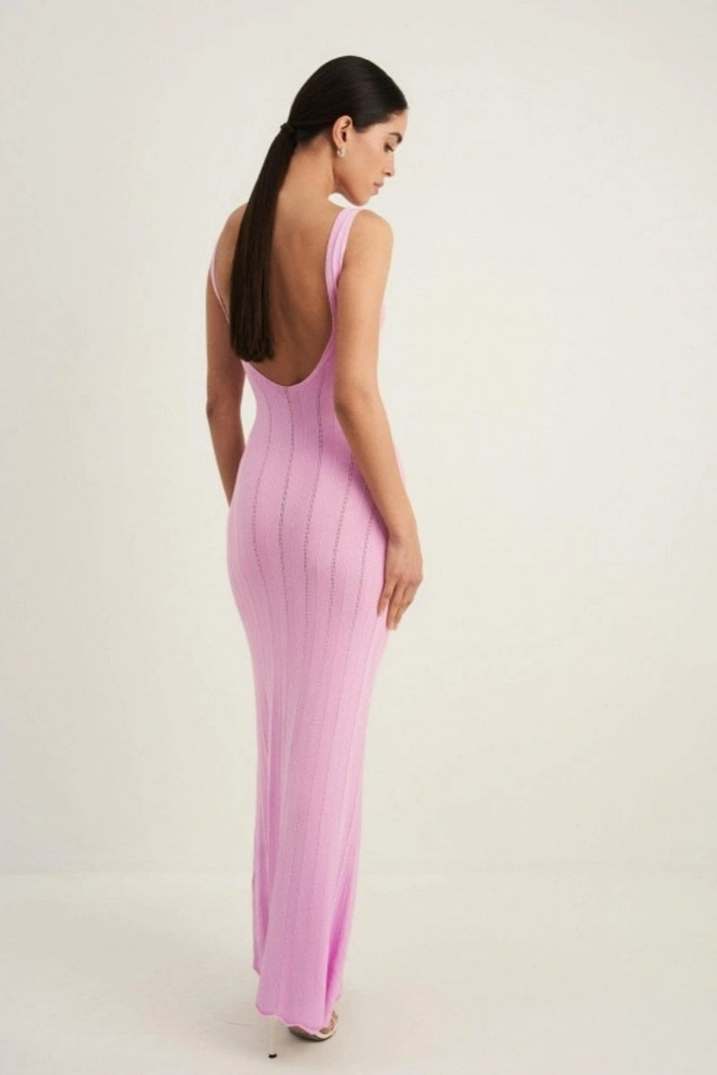 Knit Ribbed Open Back Solid Maxi Dress