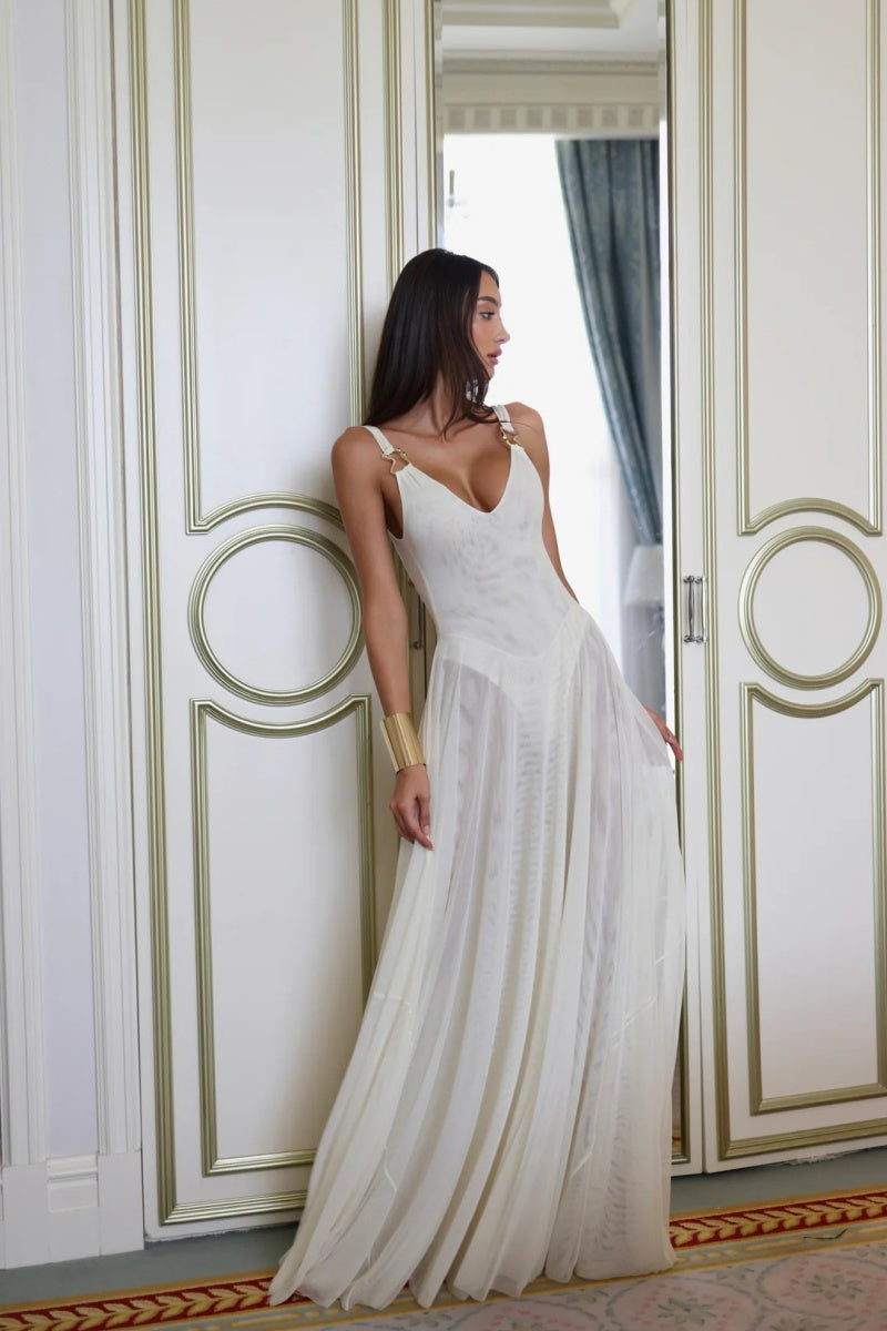 Deep V-Neck Semi-Sheer Mesh Maxi Dress