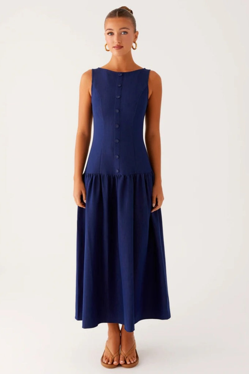 Elegant Denim Midi Dress - Indigo