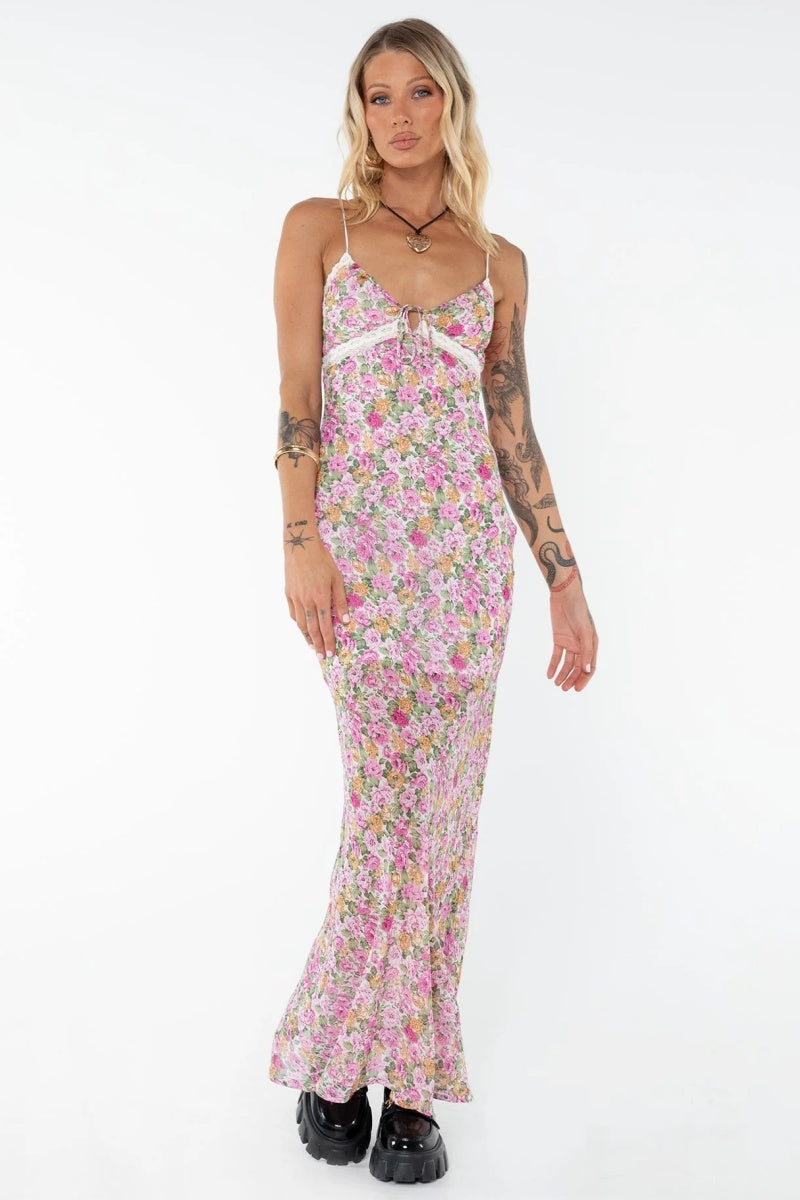 Pink Floral Slip  Maxi  Dress