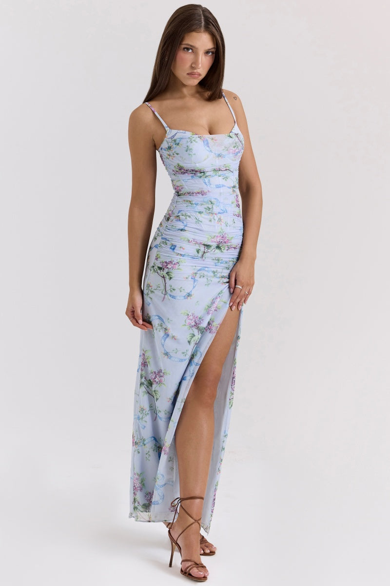 Blue Floral Slit Midi Dress
